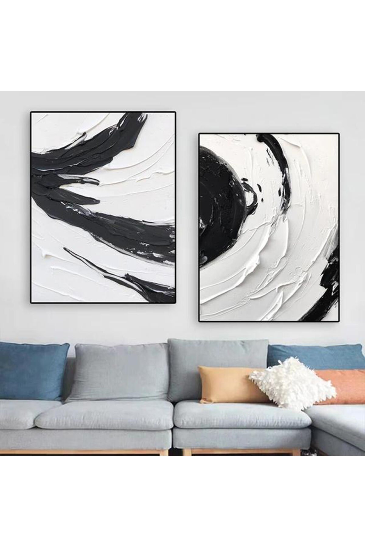 İkili Siyah Metal Çerçeveli Beyaz Boya Efekti Poster Cam Tablo Seti