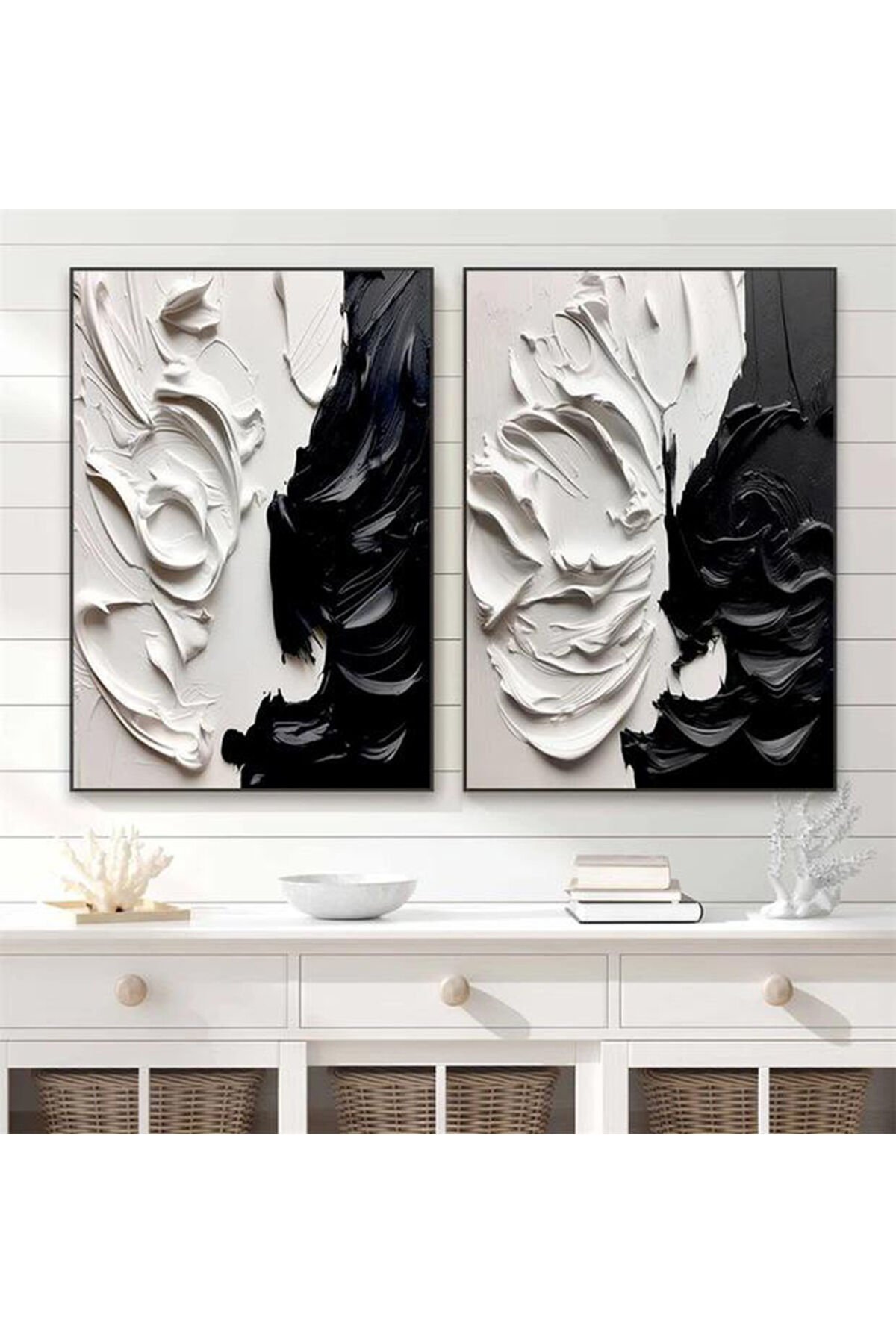 İkili Siyah Metal Çerçeveli Beyaz Boya Efekti Poster Cam Tablo Seti