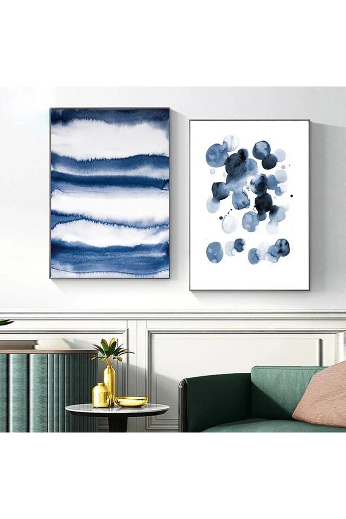 İkili Siyah Metal Çerçeveli Mavi Beyaz Trend Poster Cam Tablo Seti