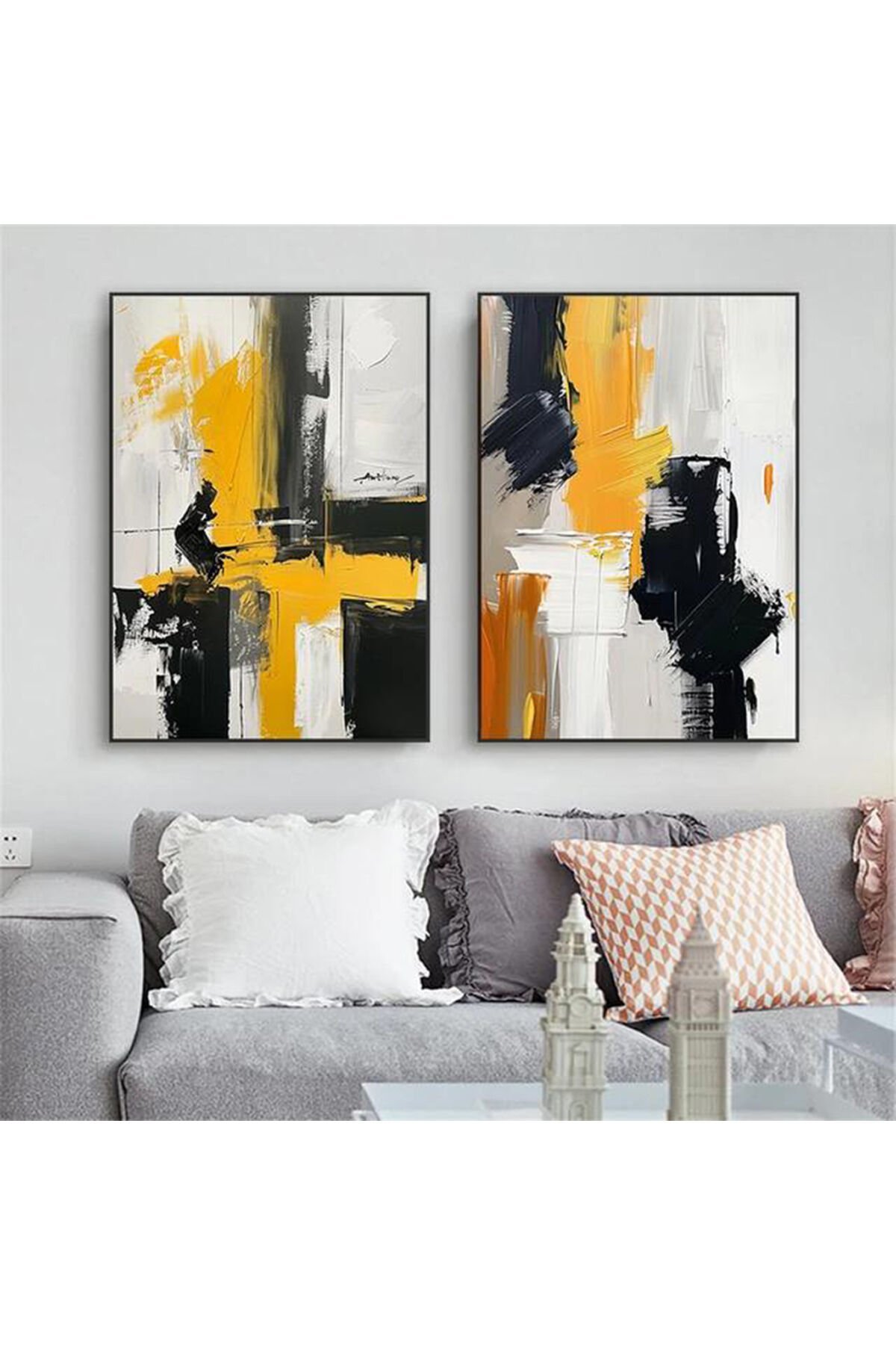 İkili Siyah Metal Çerçeveli Sarı Sanatsal Poster Cam Tablo Seti