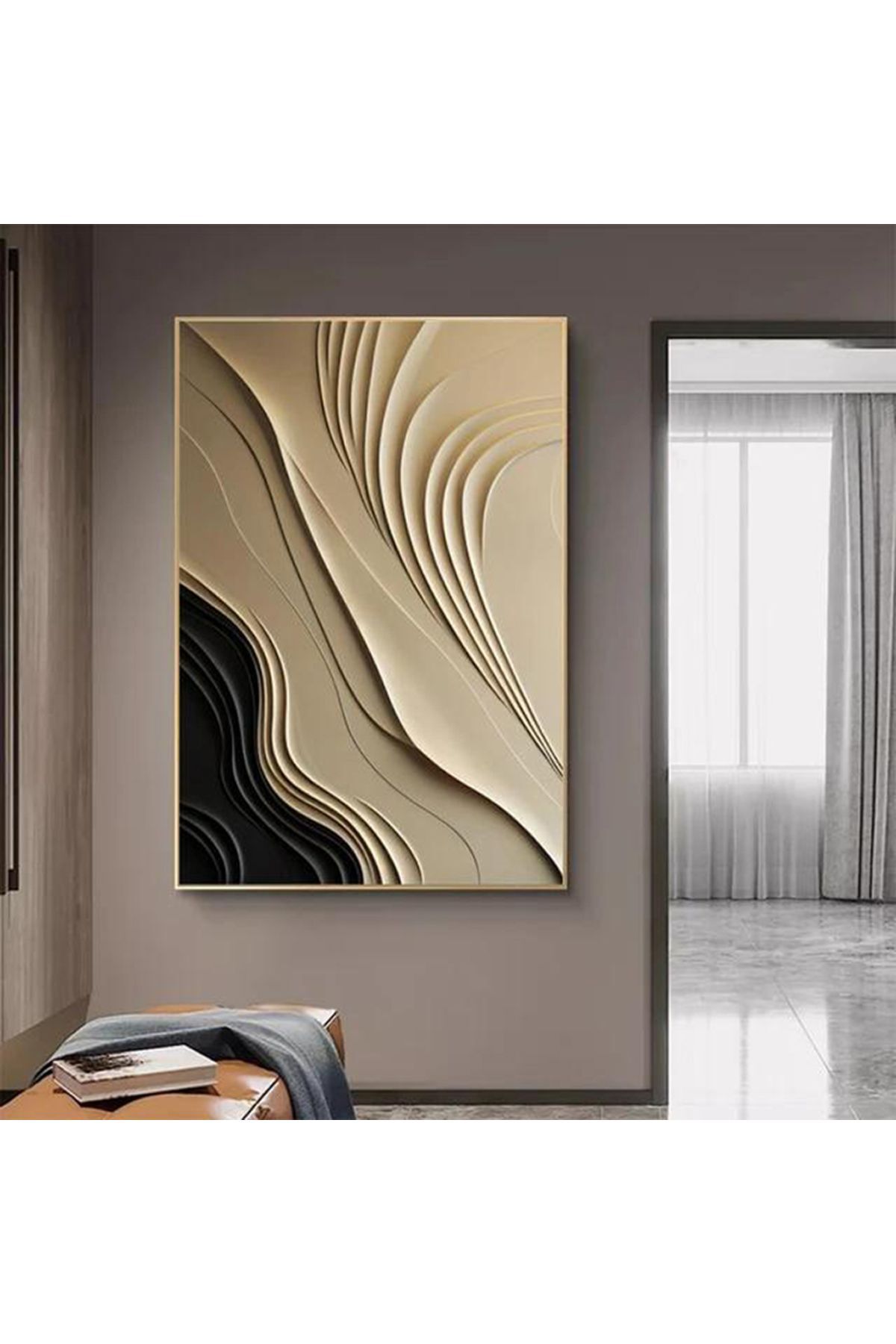 Tekli Gold Metal Çerçeveli Dalga Doku Poster Cam Tablo Seti