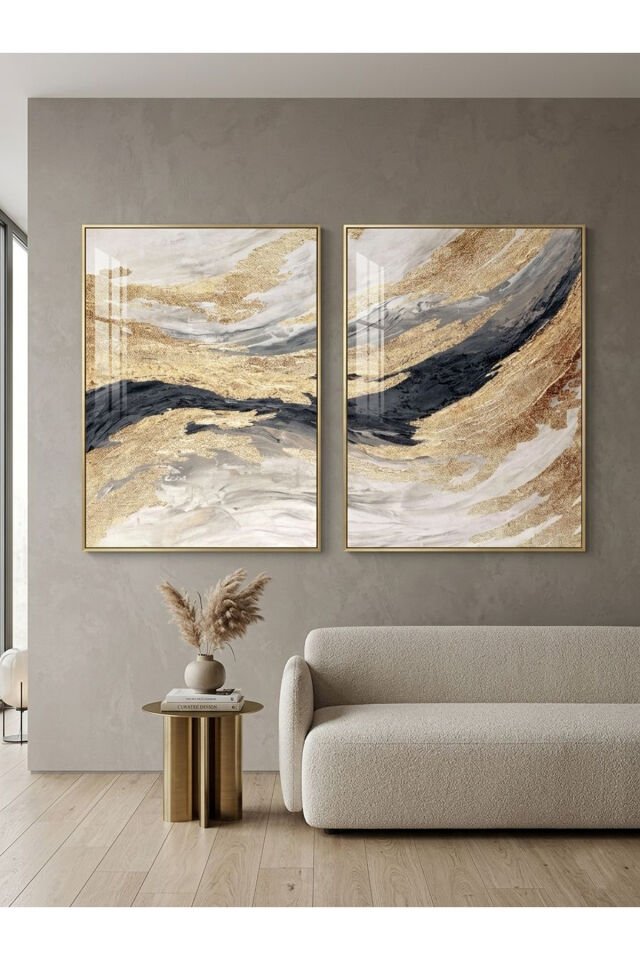 Lüks Gold Metal Çerçeveli 2’li Soyut Altın Dalgalı Salon Camlı Tablo Seti Gold - 50 X 70