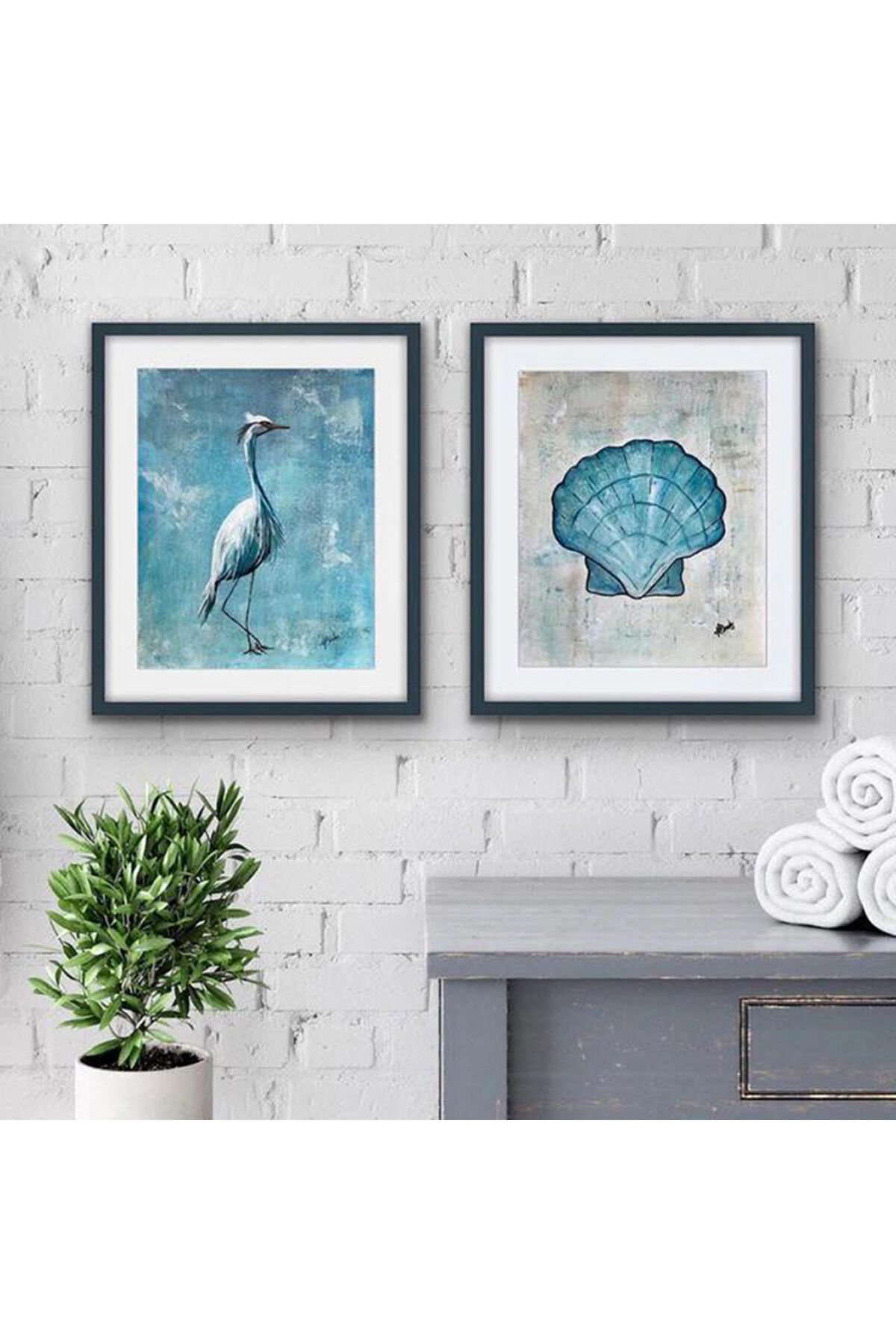 İkili Siyah Metal Çerçeveli Mavi Kuş Deniz Kabuğu Poster Cam Tablo Seti