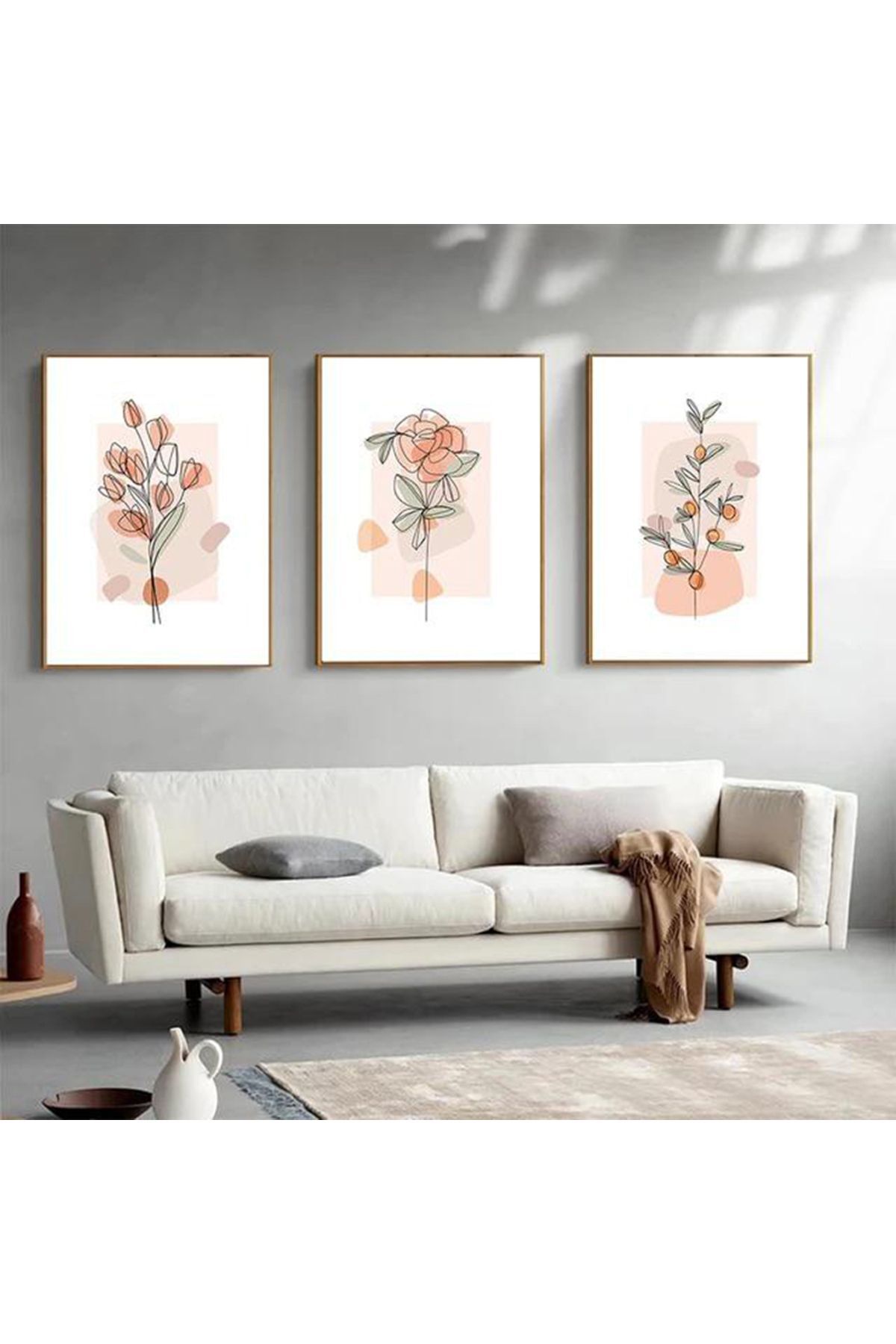 3lü Gold Metal Çerçeve Soyut Çiçek Gerçek Camlı Tablo Seti