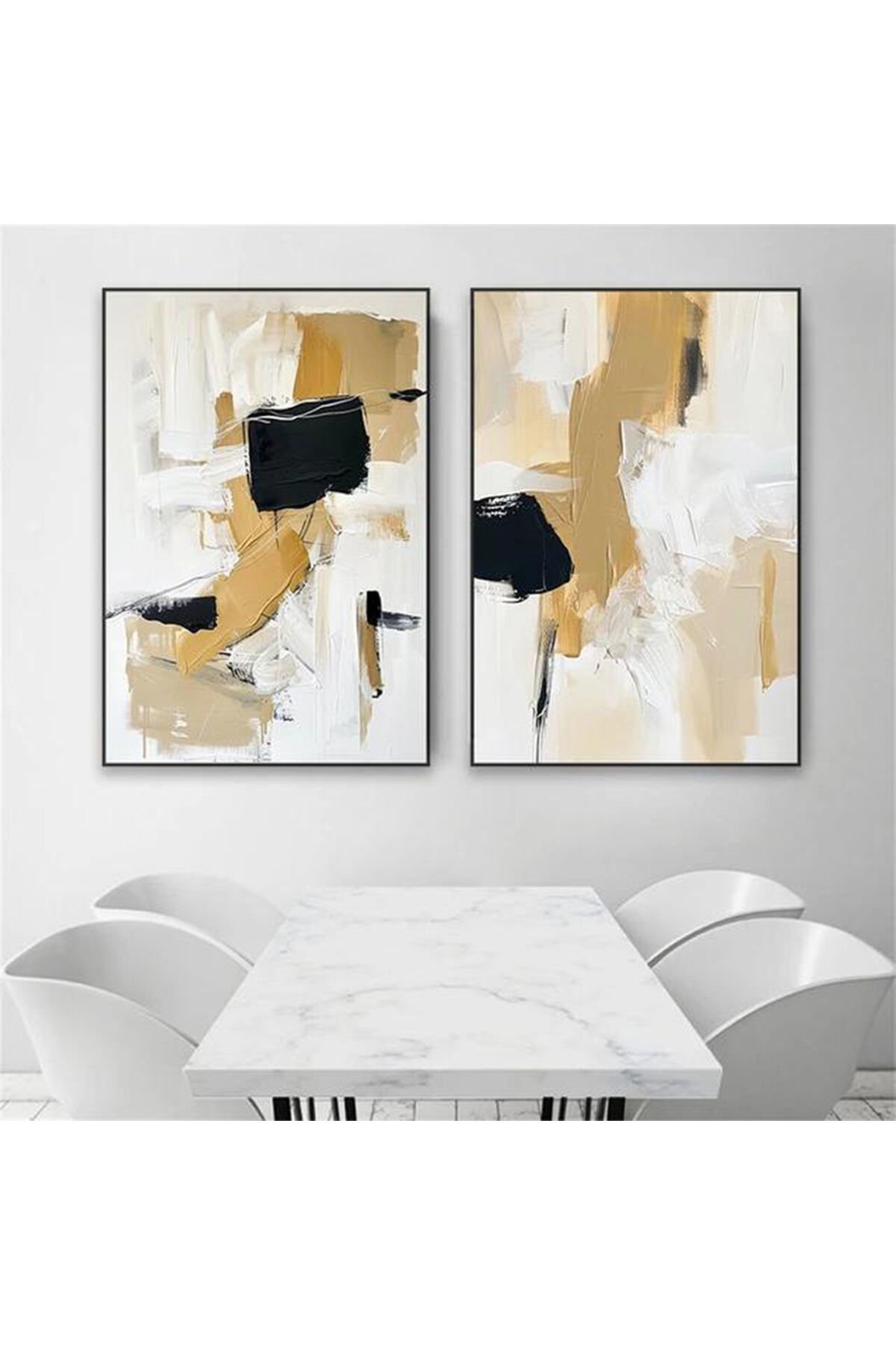İkili Siyah Metal Çerçeveli Kahve Krem Boya Poster Cam Tablo Seti