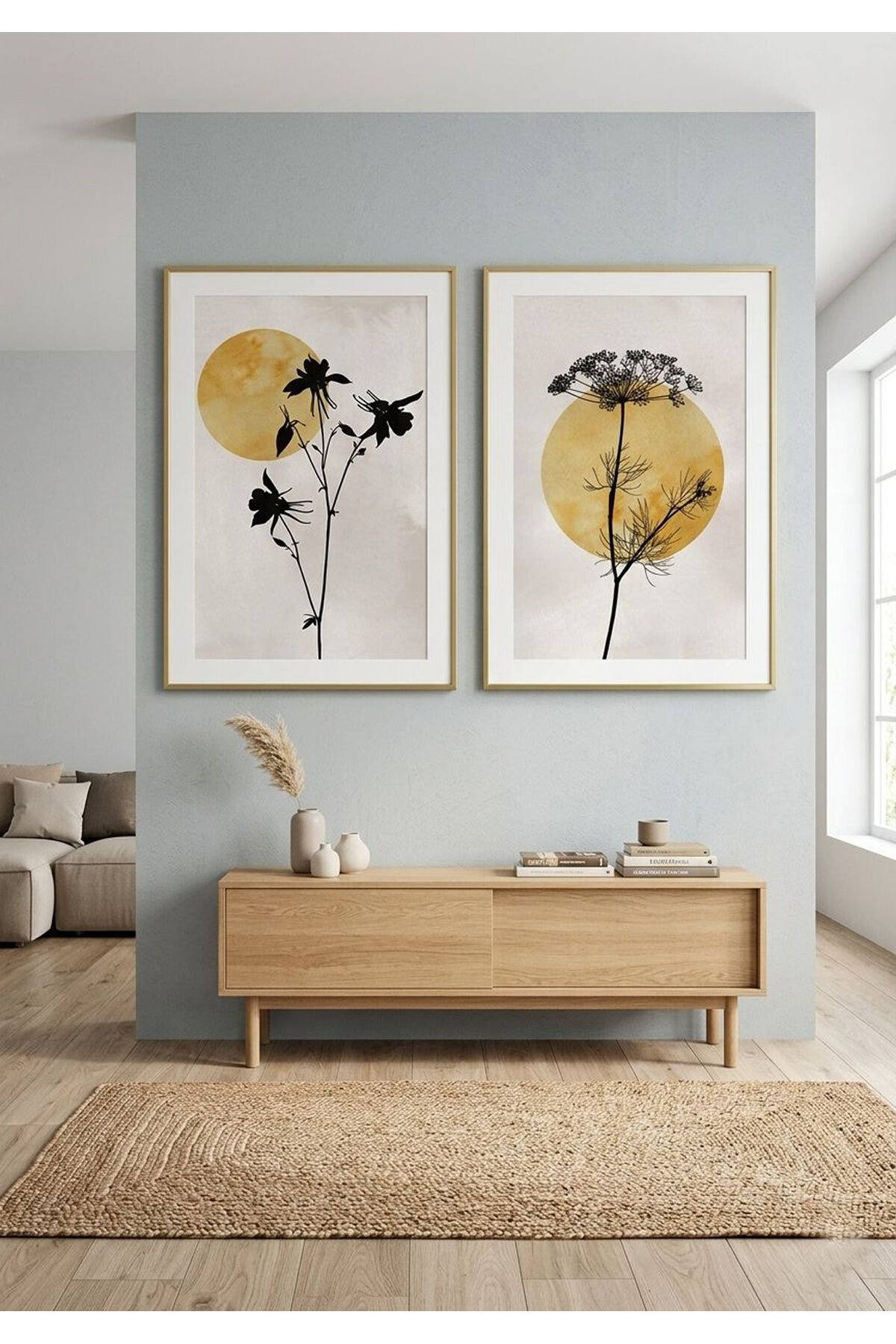 2li Gold Metal Çerçeveli Sarı Güneş ve Botanik Siluet Tasarımlı Tablo Seti Gold - 40 X 60