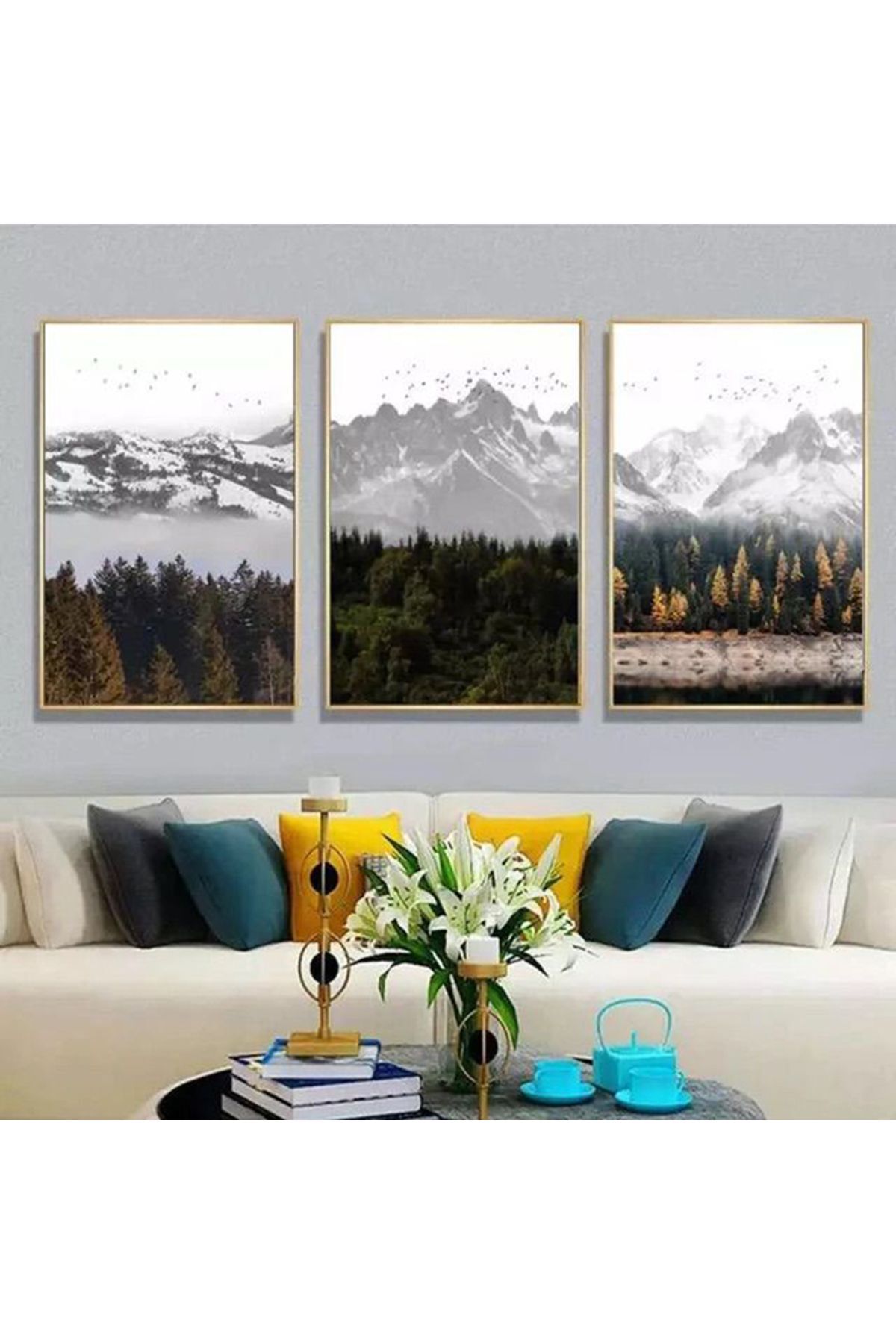 Üçlü Gold Metal Dağlar Doğa Yeşil Krem Cam Tablo Seti