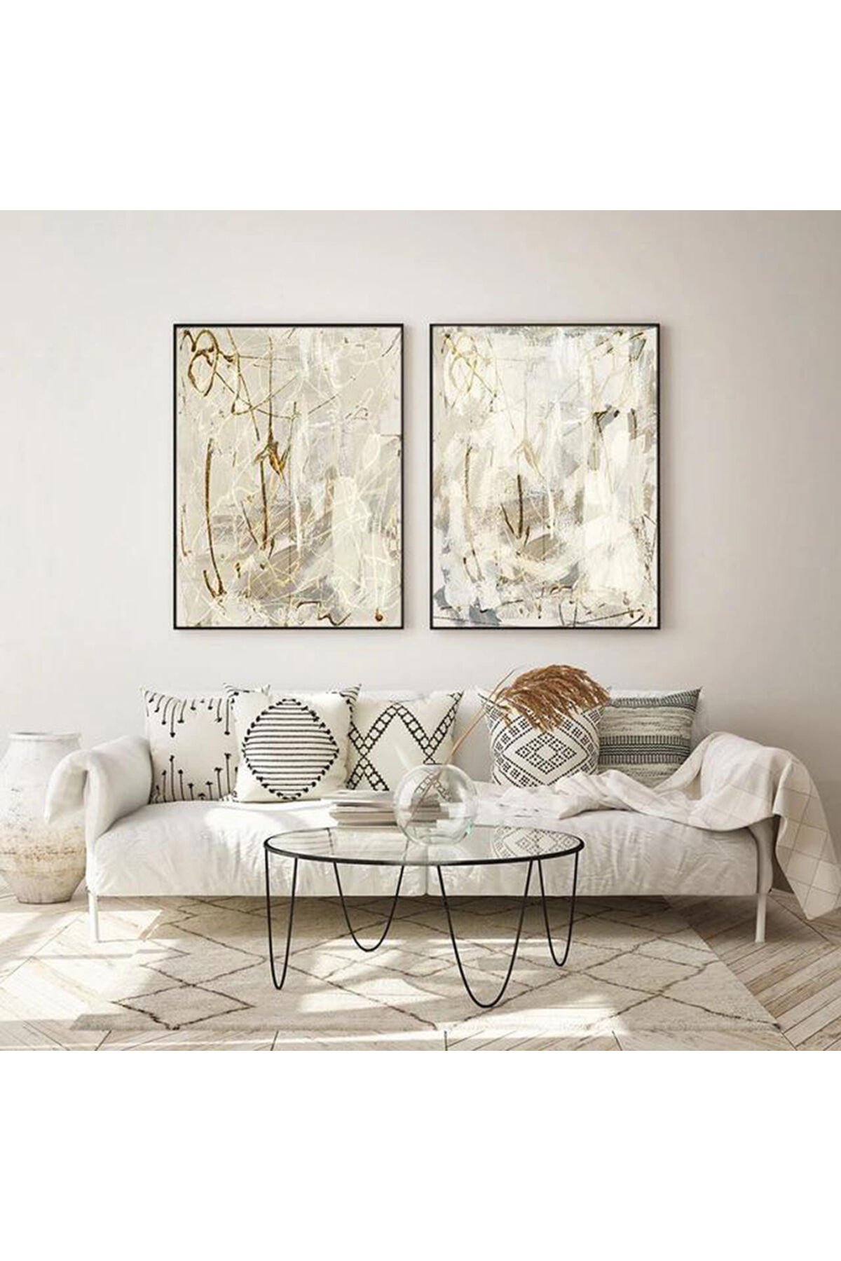 İkili Siyah Metal Çerçeveli Sanatsal Bej Krem Poster Cam Tablo Seti