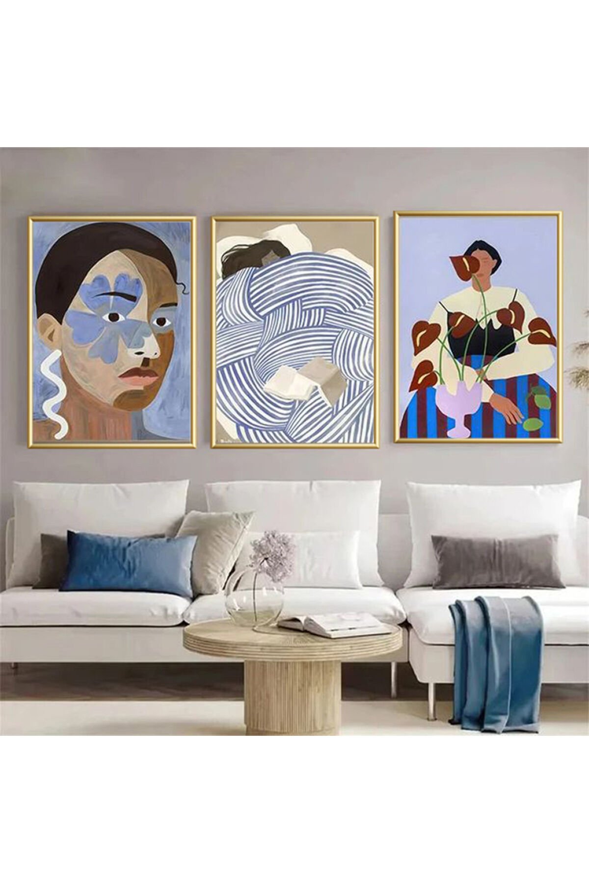 Üçlü Gold Metal Çerçeve Kadınlar Soyut Sanatsal Cam Tablo Seti