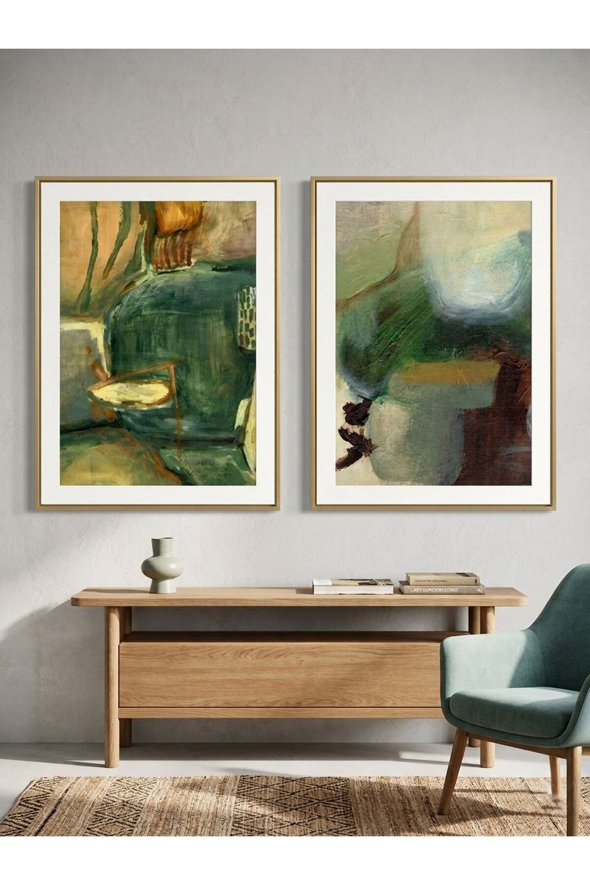 Gold Metal Çerçeveli 2’li Soyut Yeşil ve Kahve Tonları Modern Tablo Seti Gold - 30 X 40