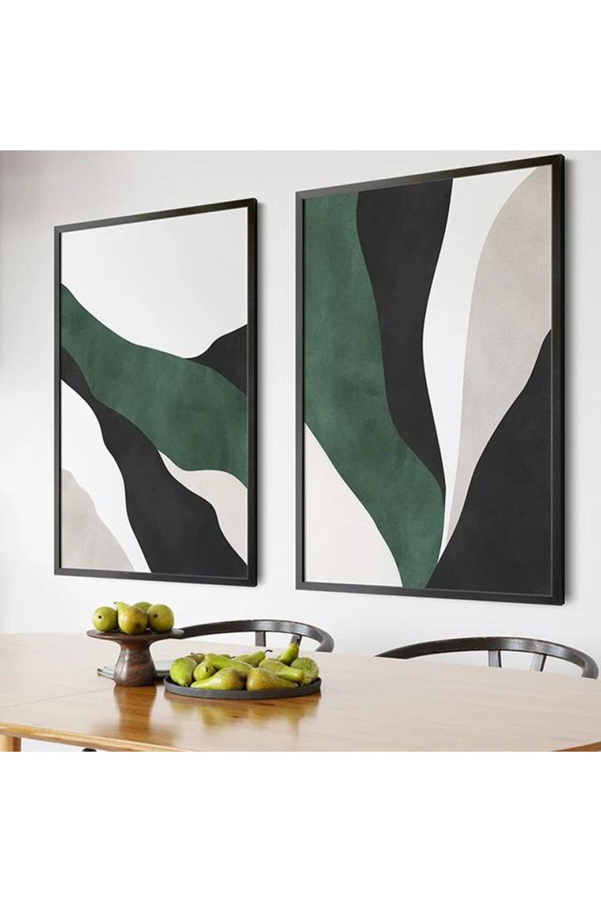 İkili Siyah Metal Çerçeveli Yeşil Trend Moda Poster Cam Tablo Seti
