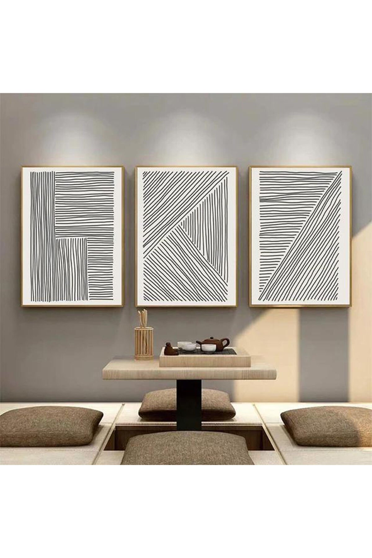 Üçlü Gold Metal Çerçeve Siyah Beyaz Çizgi Cam Tablo Seti