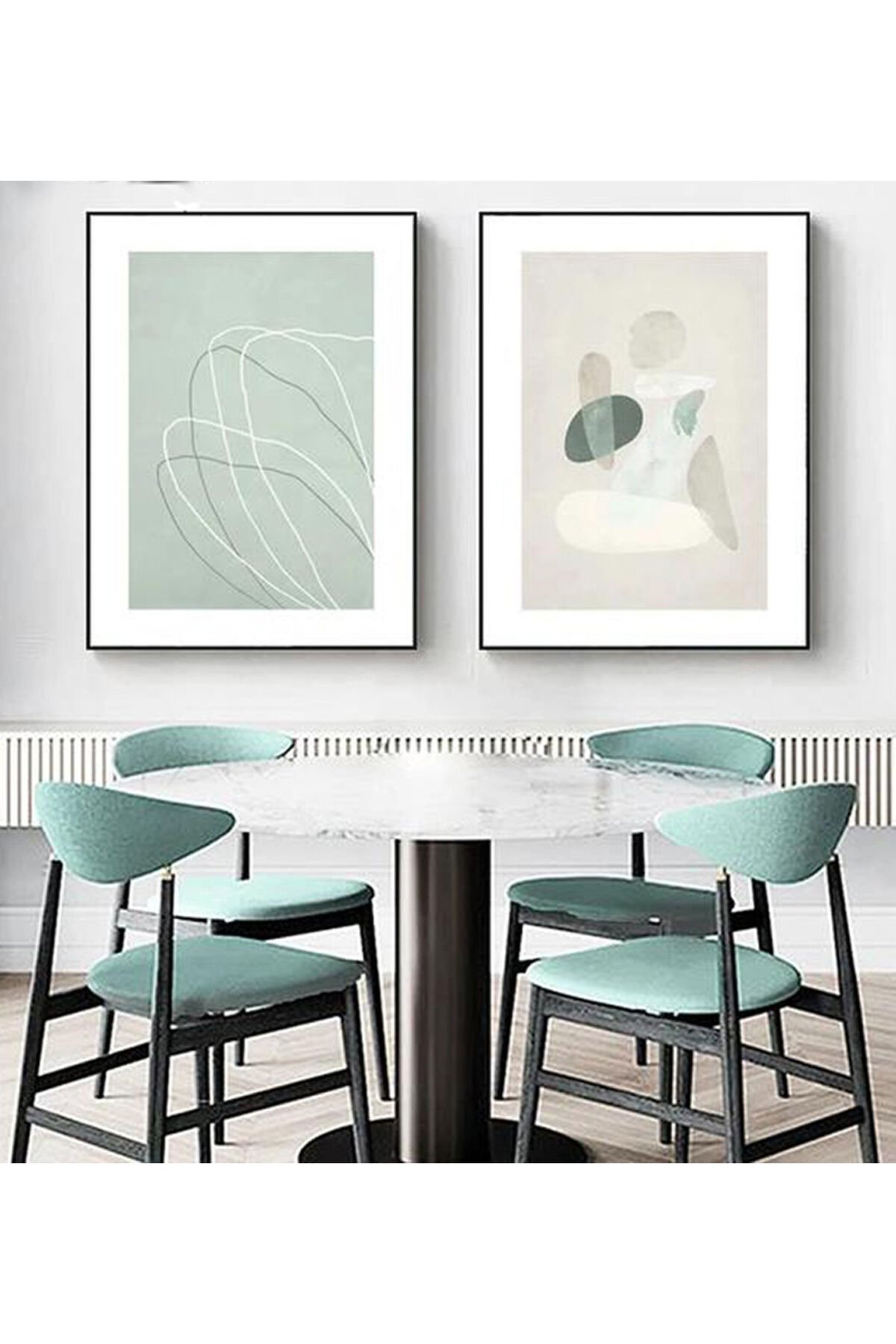 İkili Siyah Metal Çerçeveli Açık Yeşil Gri Tarz Poster Cam Tablo Seti
