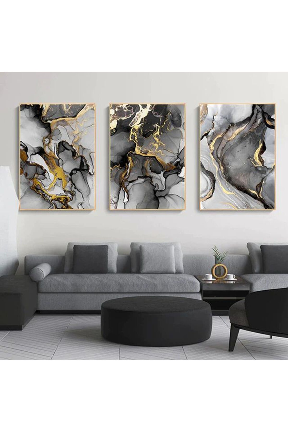 Üçlü Gold Metal Çerçeve Mermer Desen Gri Cam Tablo Seti