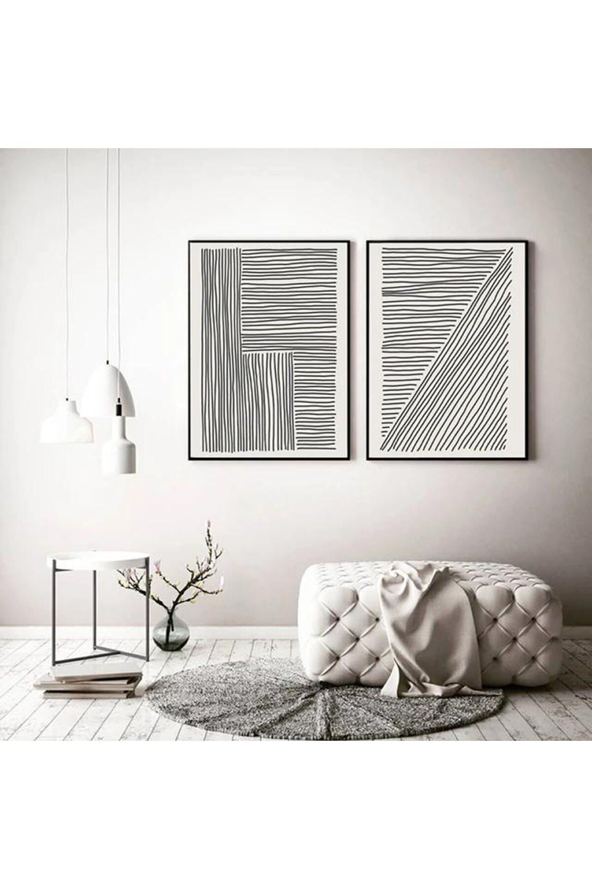 İkili Siyah Metal Çerçeveli Modern Siyah Çizgiler Cam Tablo Seti