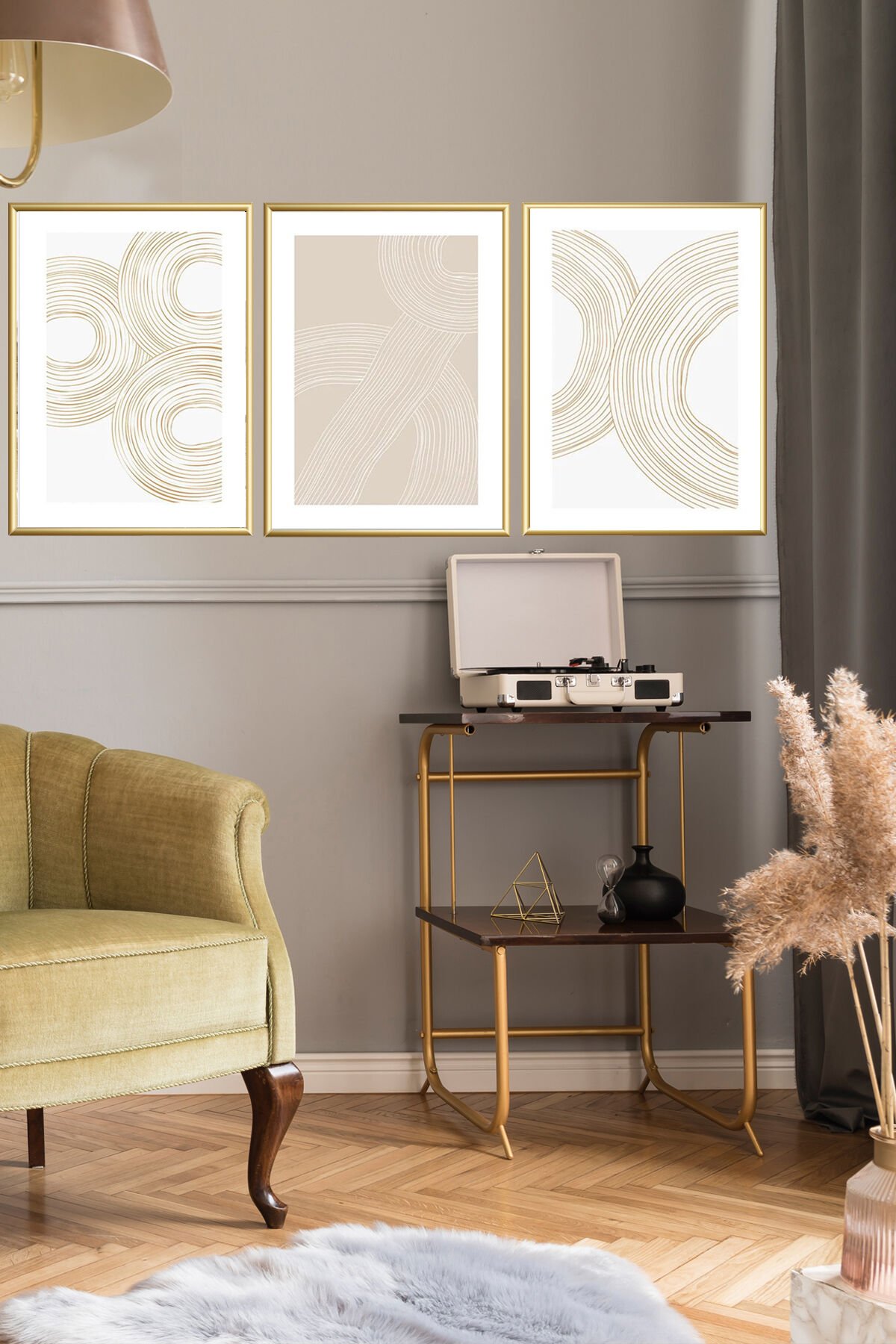 Üçlü Gold Metal Çerçeve Bohem Krem Beyaz Cam Tablo Seti