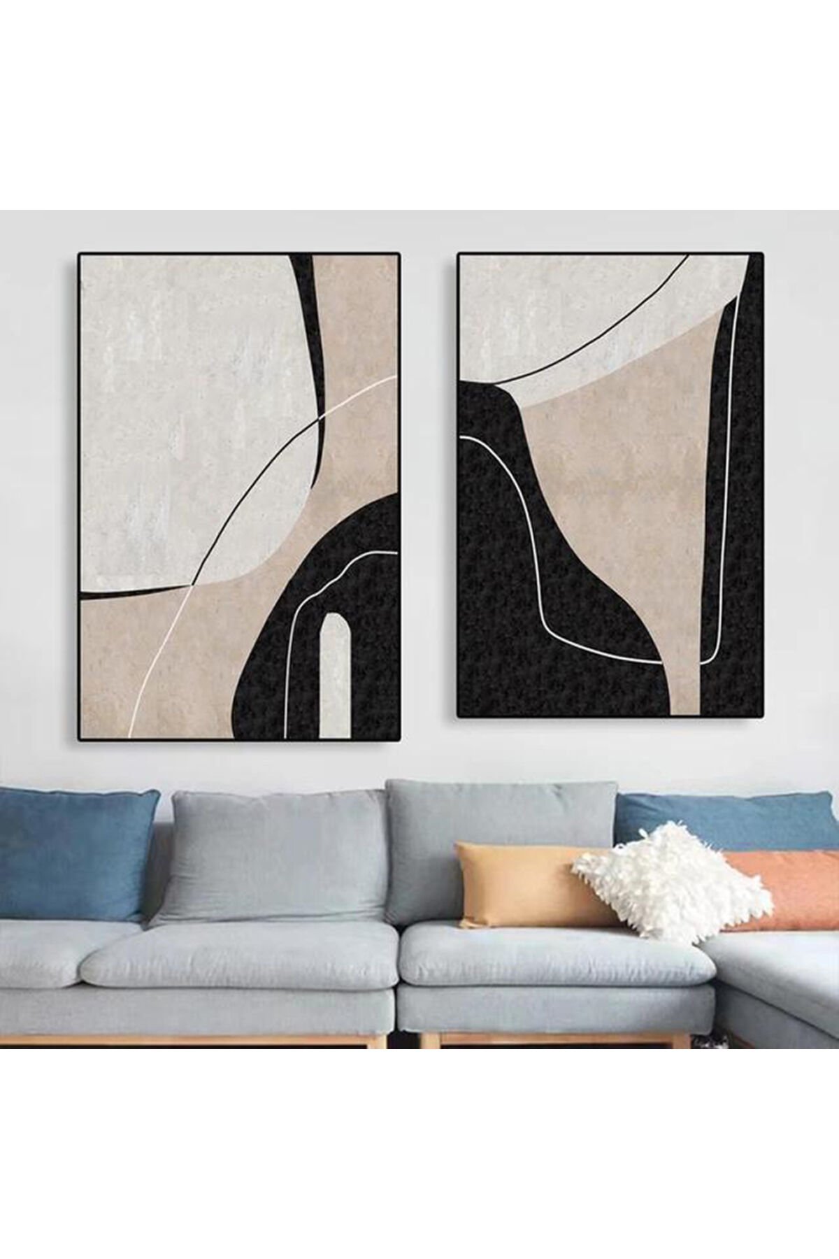 İkili Siyah Metal Çerçeveli Bej Krem Moda Poster Cam Tablo Seti