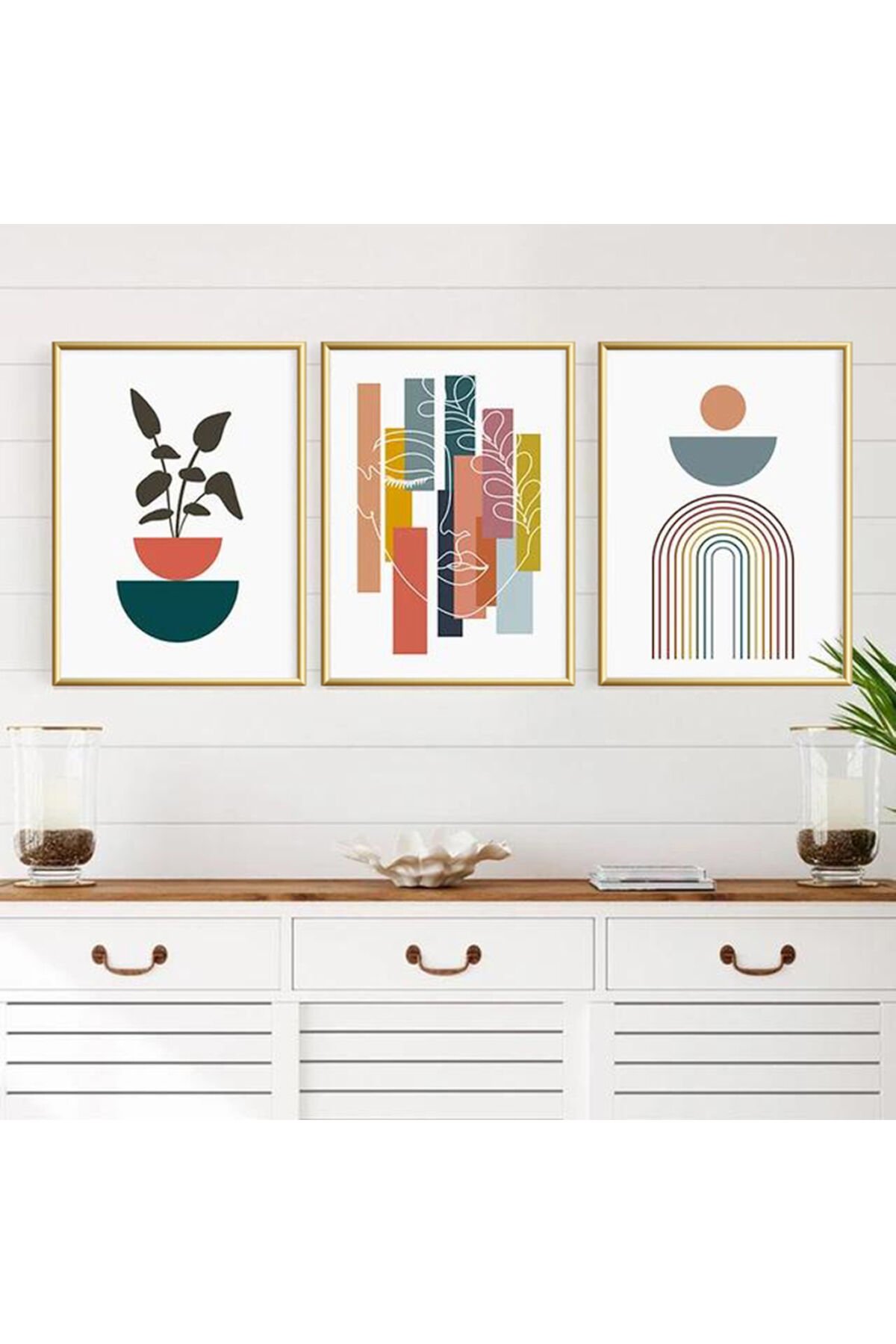 Üçlü Gold Metal Çerçeve Geometrik Mavi Modern Cam Tablo Seti