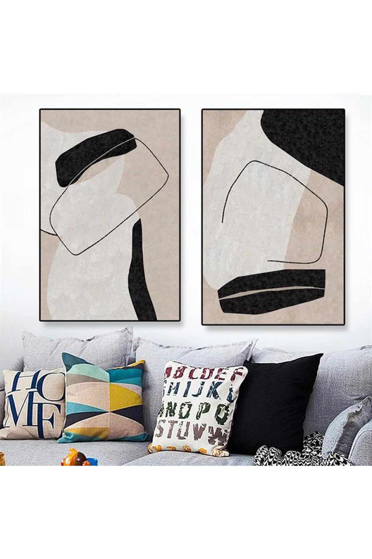 İkili Siyah Metal Çerçeveli Bej Krem Moda Poster Cam Tablo Seti