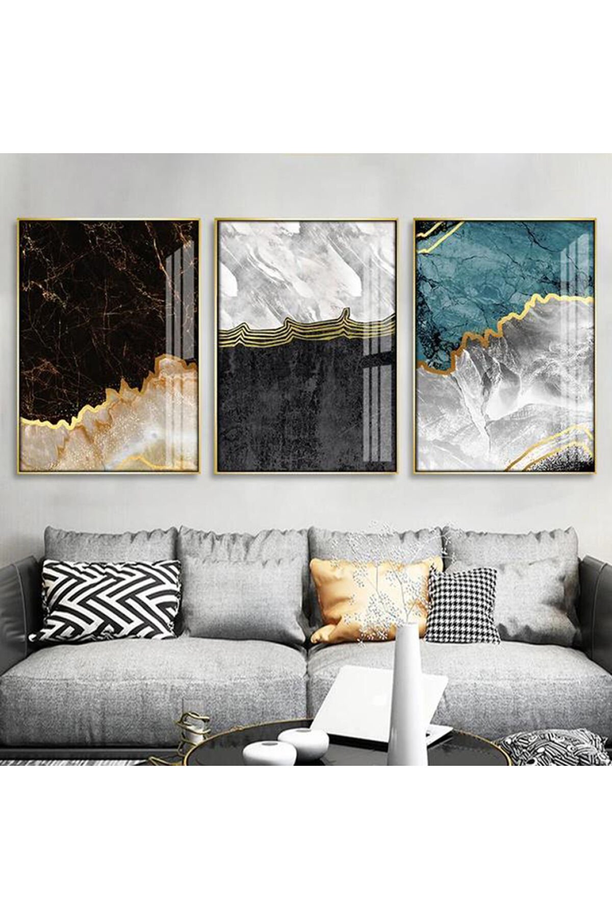 Üçlü Gold Metal Çerçeve Mermer Siyah Mavi Cam Tablo Seti