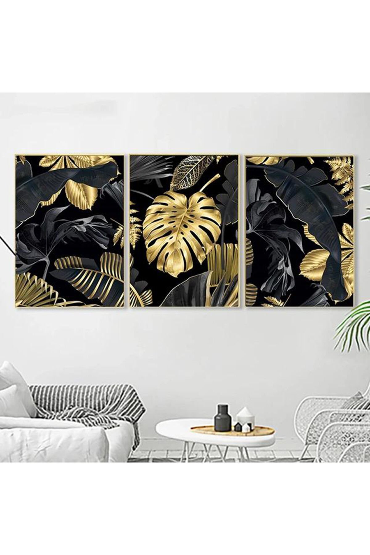 Üçlü Gold Metal Çerçeve Yaprak Siyah Cam Tablo Seti