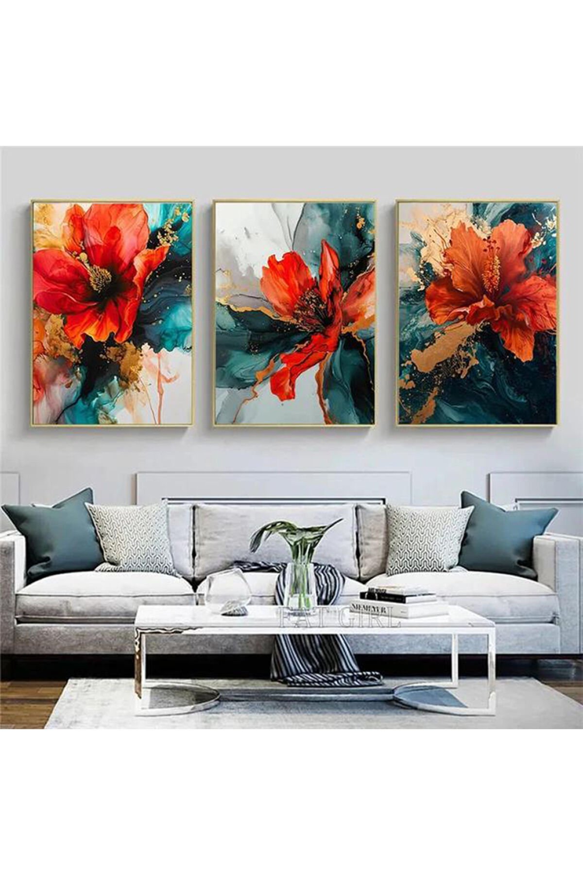 Üçlü Gold Metal Çerçeve Kırmızı Mavi Çiçekler Cam Tablo Seti
