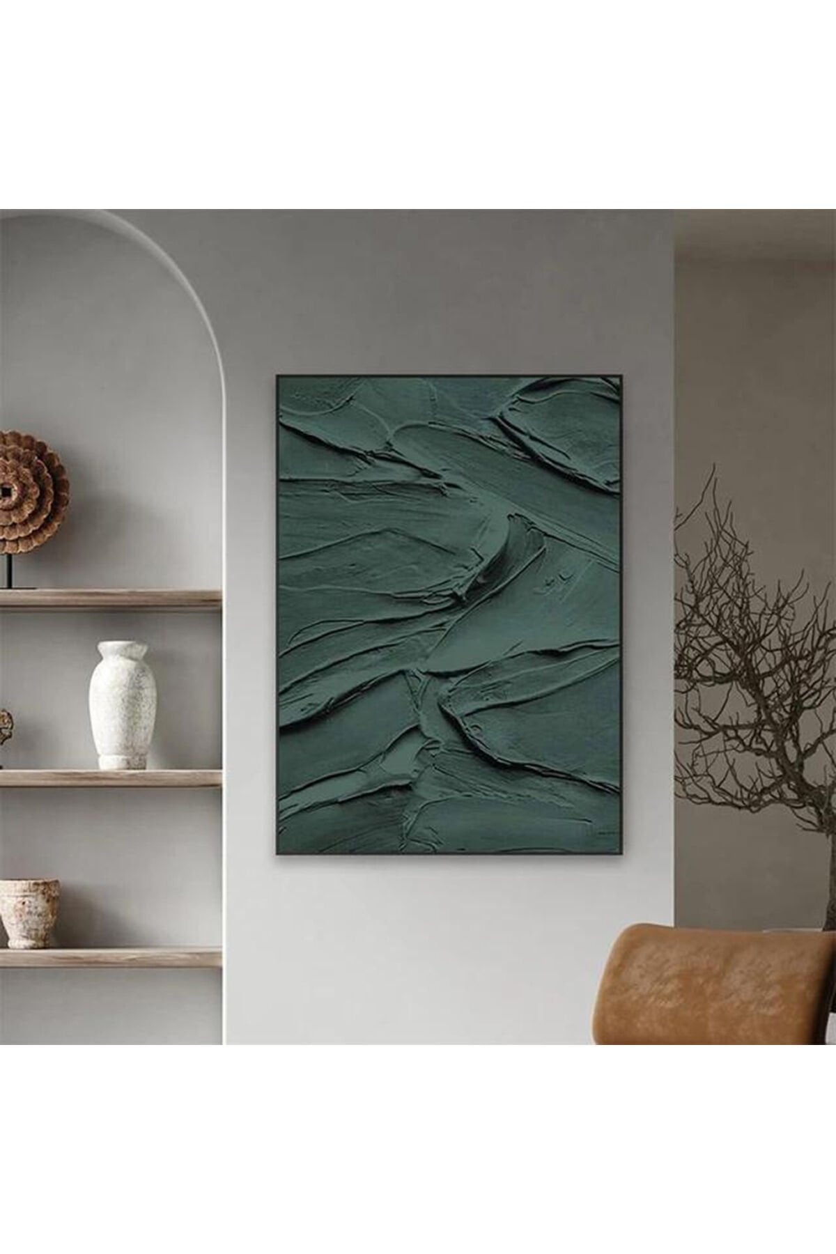 Tekli Siyah Metal Çerçeveli Yeşil Dalgalı Desen Poster Cam Tablo Seti