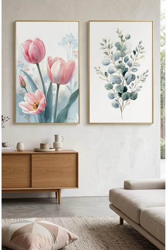 Gold Çerçeveli 2’li Pembe Lale ve Okaliptüs Yaprağı Modern Duvar Dekoru Poster Tablo Seti Gold - 50 X 70
