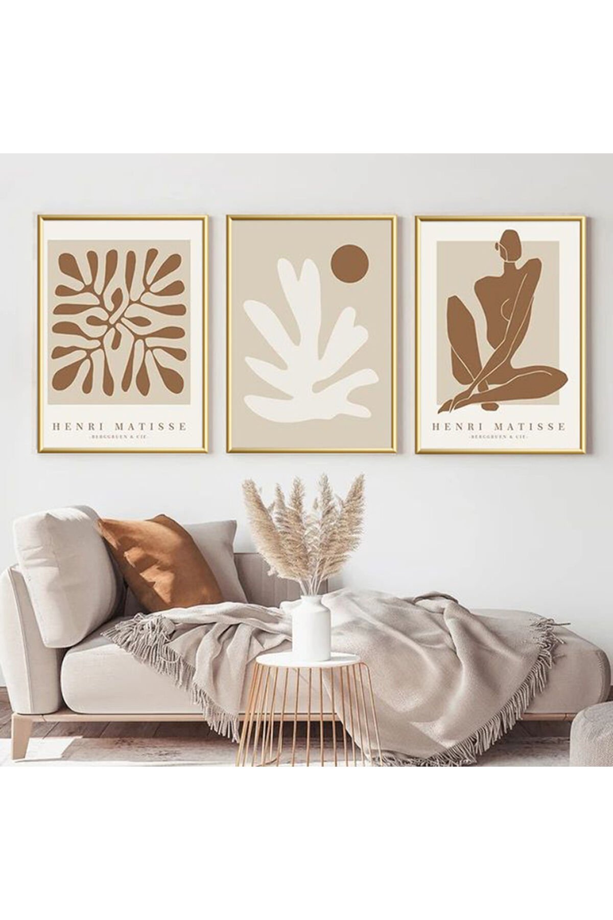 Üçlü Gold Metal Çerçeve Bohem Krem Moda Cam Tablo Seti