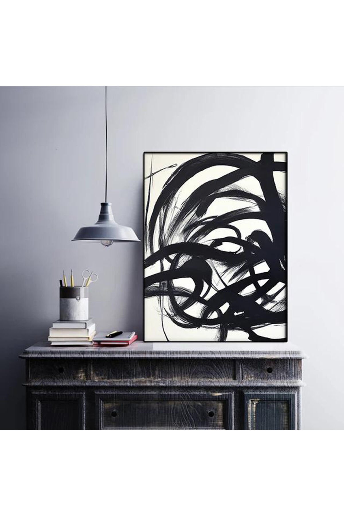 Tekli Siyah Metal Çerçeveli Beyaz Çizgi Poster Cam Tablo Seti