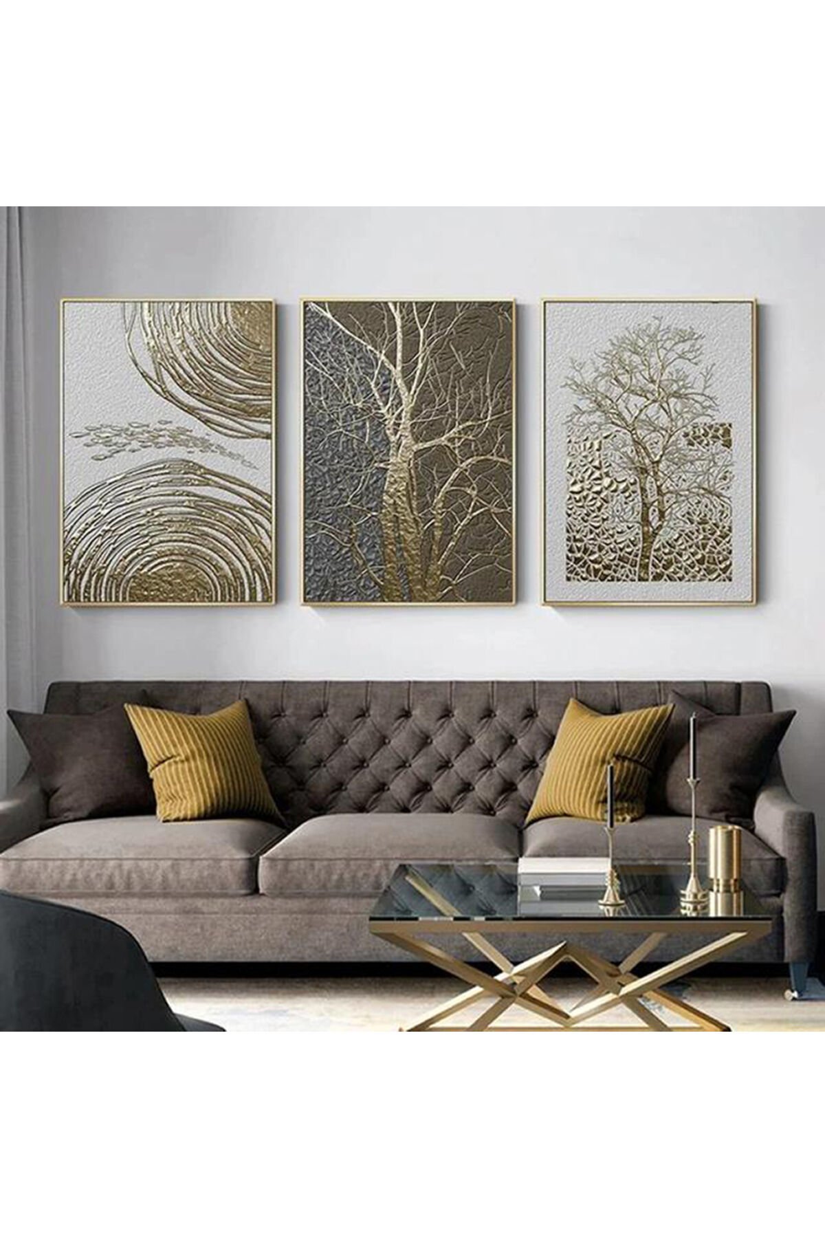 Üçlü Gold Metal Çerçeve Yaprak Ağaç Camlı Tablo Seti