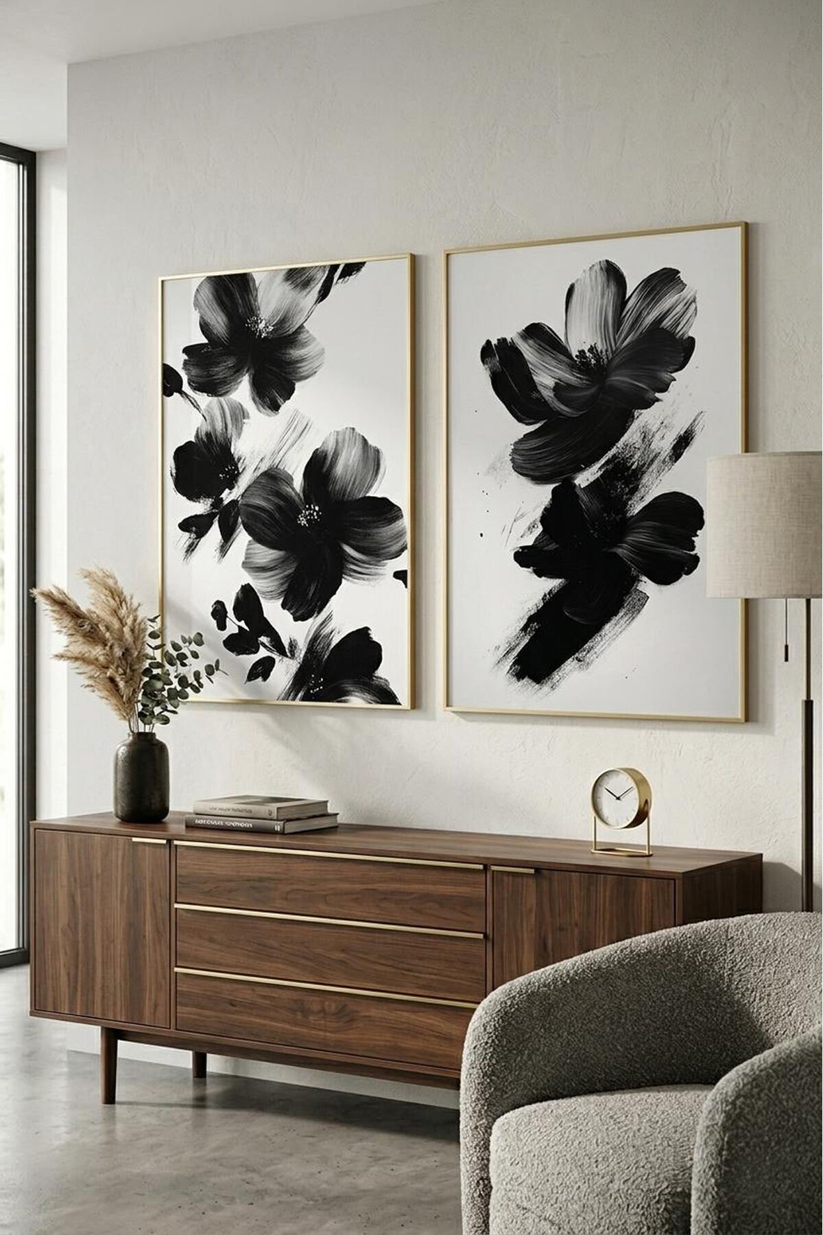 Gold Metal Çerçeveli 2’li Siyah Beyaz Soyut Çiçek Modern Salon Duvar Dekoru Camlı Tablo Seti Gold - 40 X 60