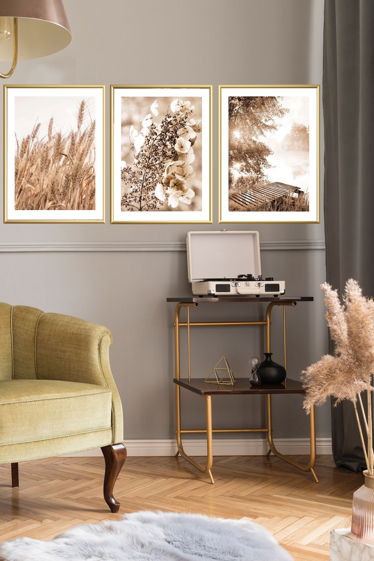 Üçlü İnce Gold Metal Çerçeve Soft Pampas Cam Tablo Seti