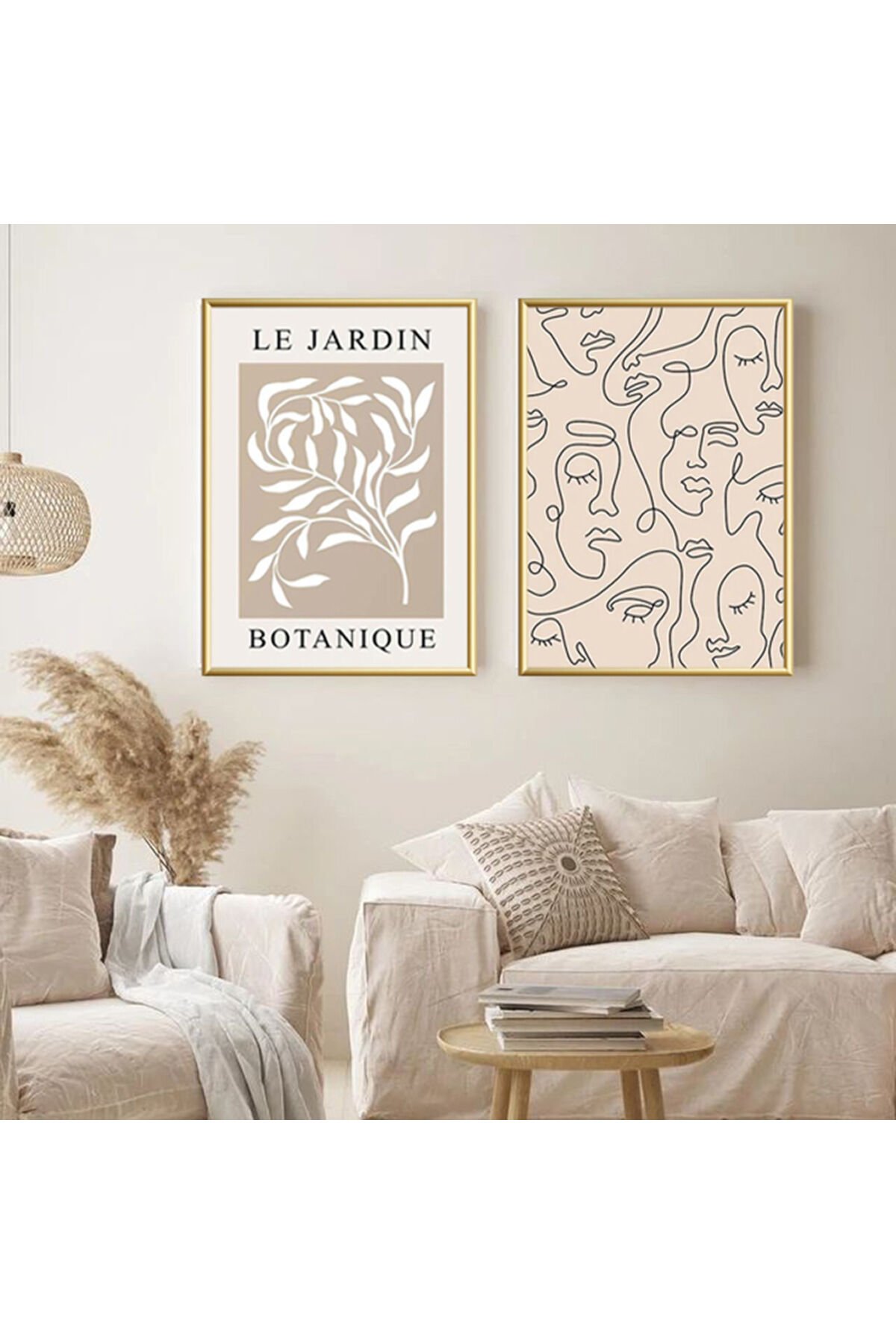 İkili Gold Metal Çerçeveli Krem Siluet Camlı Tablo Seti