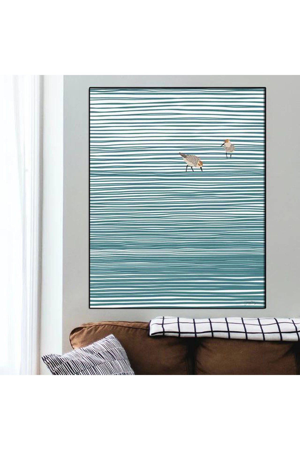 Tekli Siyah Metal Çerçeveli Mavi Tel Kuş Poster Cam Tablo Seti