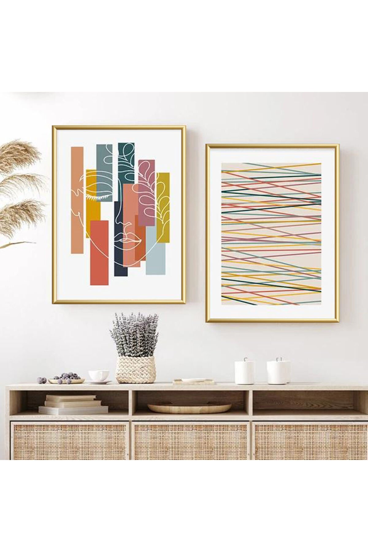 İkili Gold Metal Çerçeveli Renkli Bohem Çizgi Camlı Tablo Seti