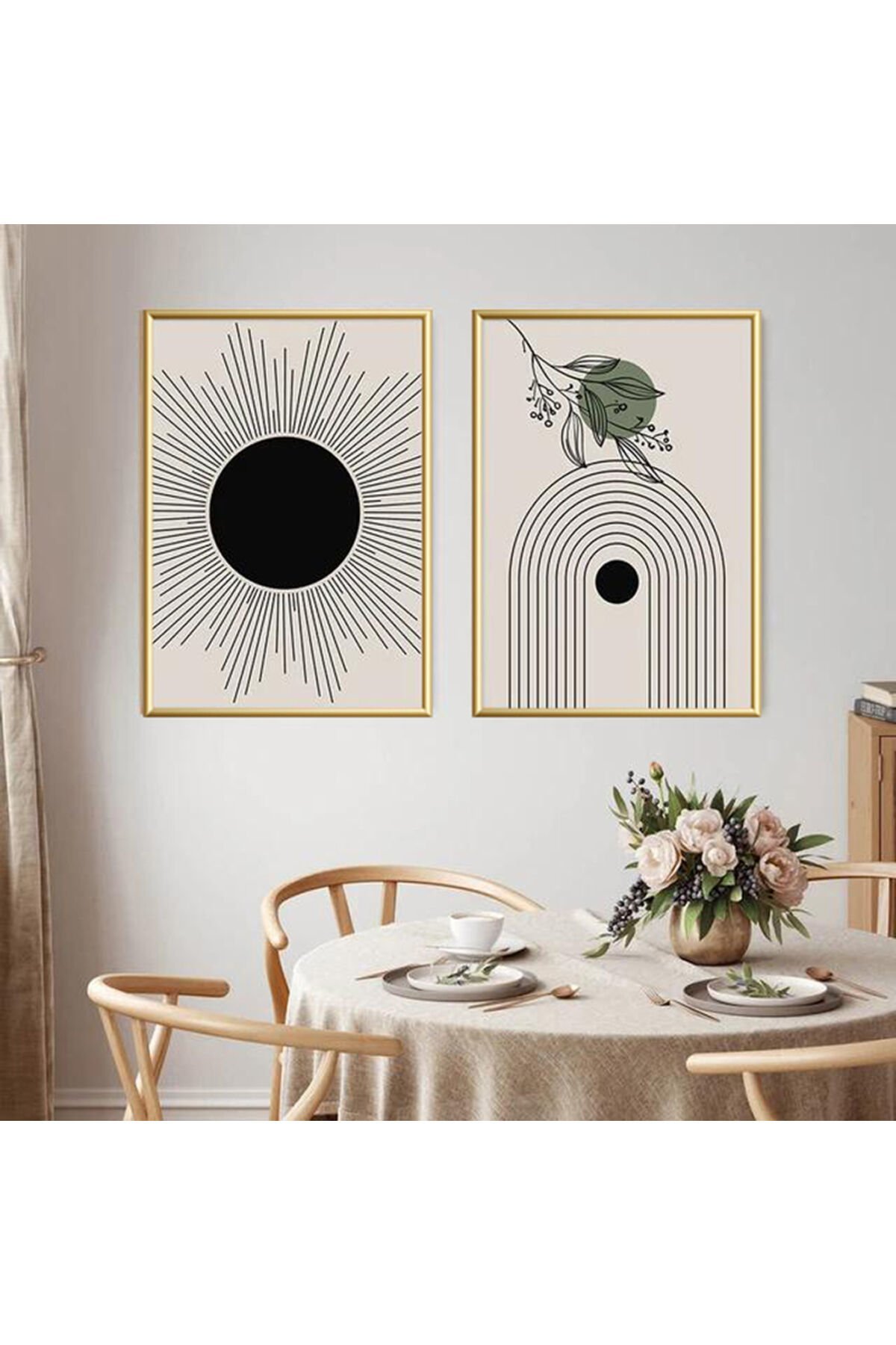İkili Gold Metal Çerçeveli Siyah Geometrik Camlı Tablo Seti