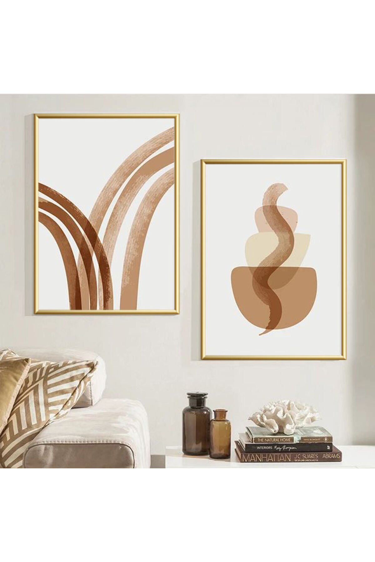 İkili Gold Metal Çerçeveli Kahve Beyaz Camlı Tablo Seti