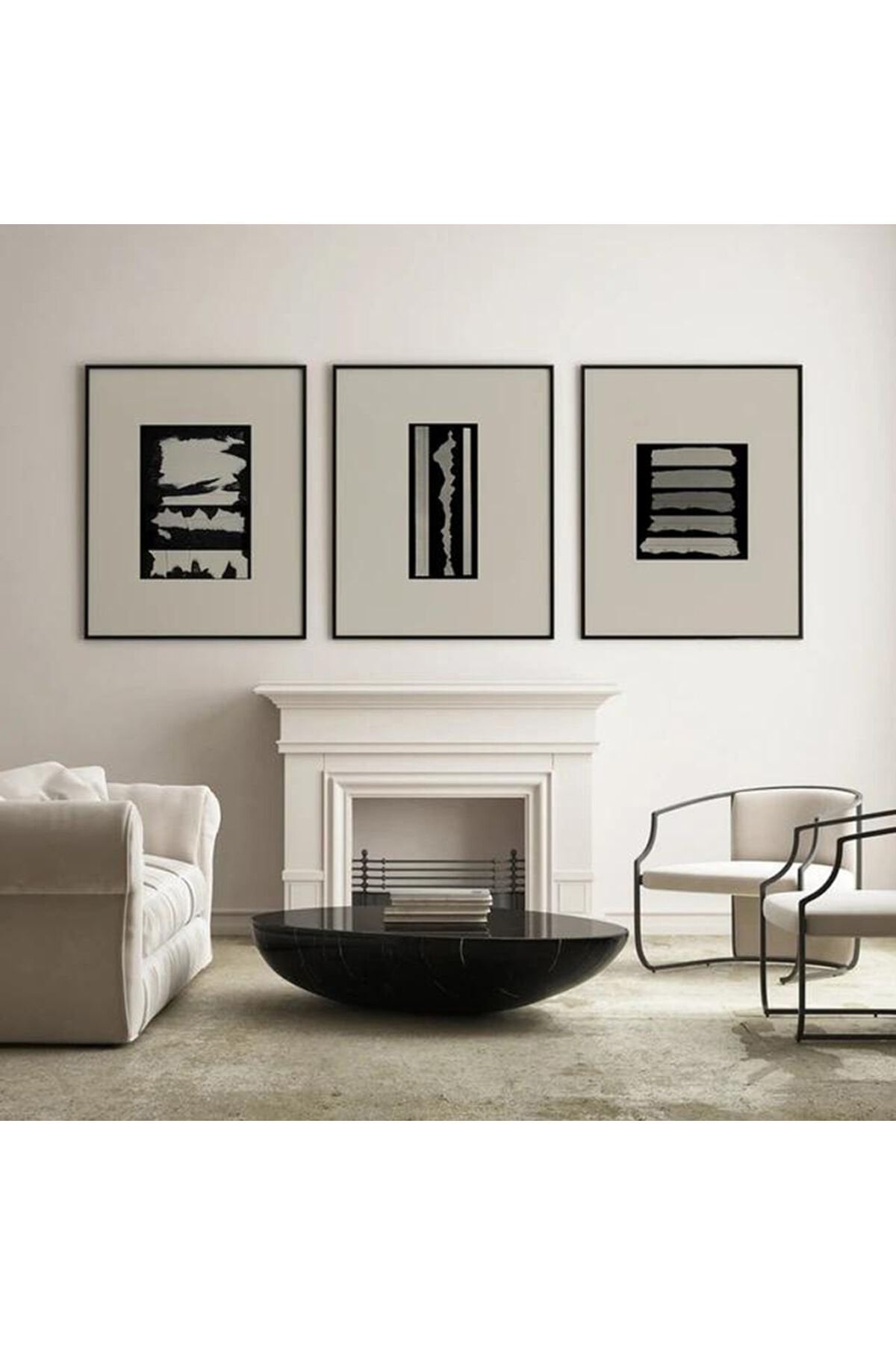 3 lu Siyah Metal Çerçeve Gri Siyah Geometrik Cam Tablo Seti