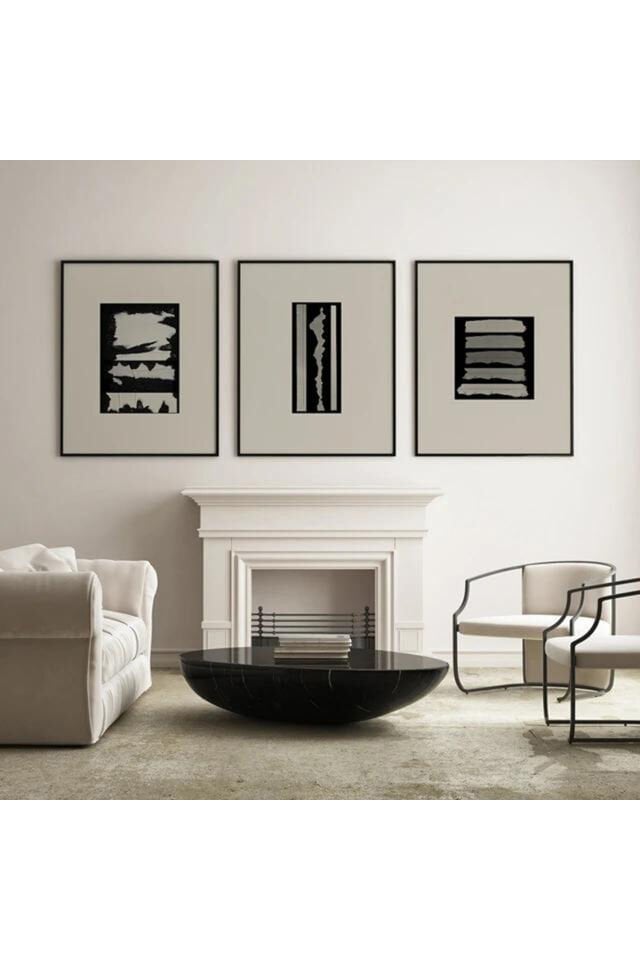 3 lu Siyah Metal Çerçeve Gri Siyah Geometrik Cam Tablo Seti