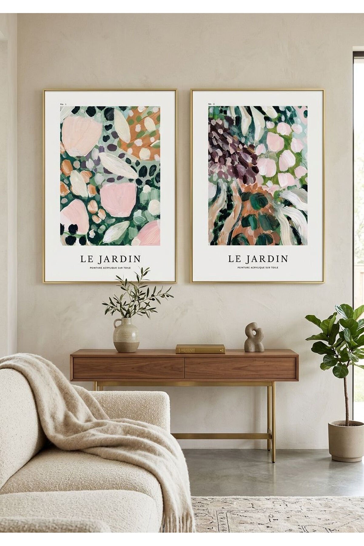 Gold Metal Çerçeveli 2’li Le Jardin Soyut Botanik Duvar Dekoru Tablo Seti Gold - 40 X 60