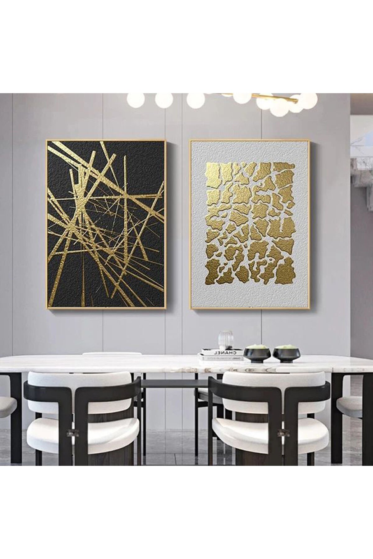 İkili Gold Metal Çerçeveli Siyah Beyaz Camlı Tablo Seti