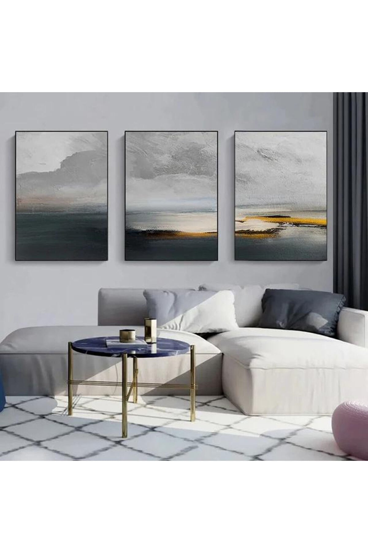 3lü Siyah Metal Çerçeve Soyut Deniz Cam Tablo Seti