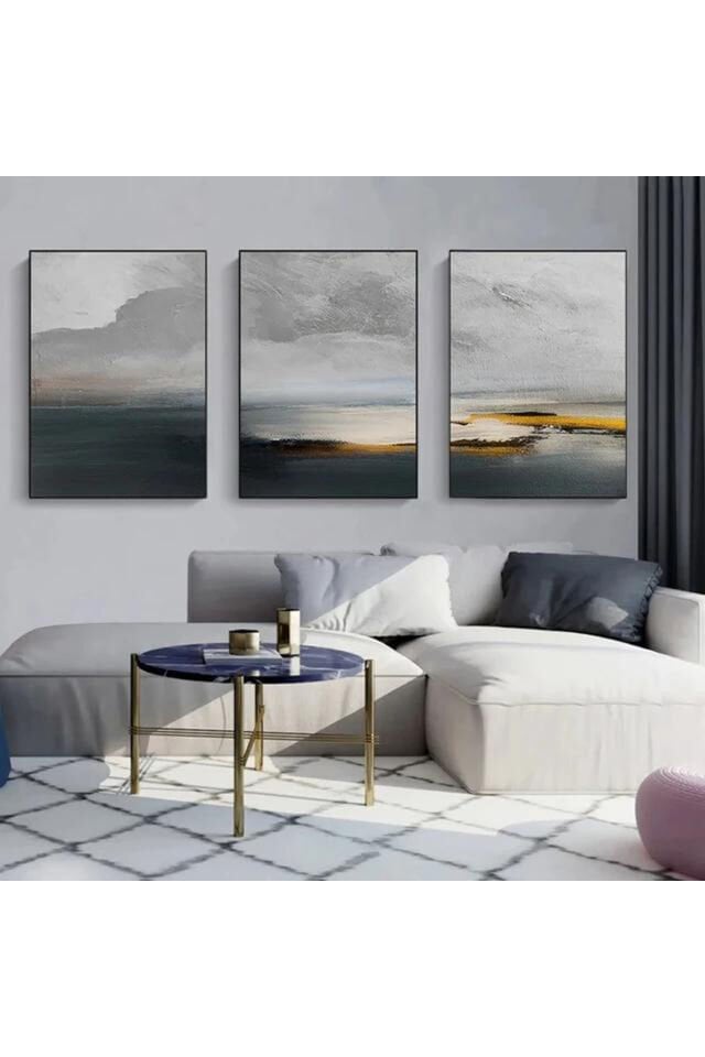 3lü Siyah Metal Çerçeve Soyut Deniz Cam Tablo Seti