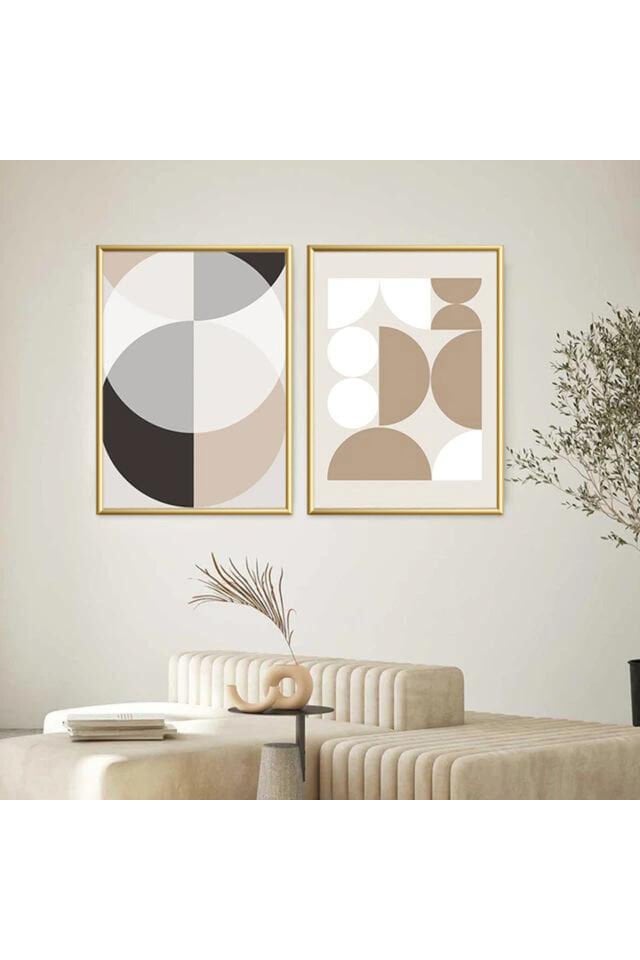 İkili Gold Metal Çerçeveli Dairesel Kahve Krem Camlı Tablo Seti