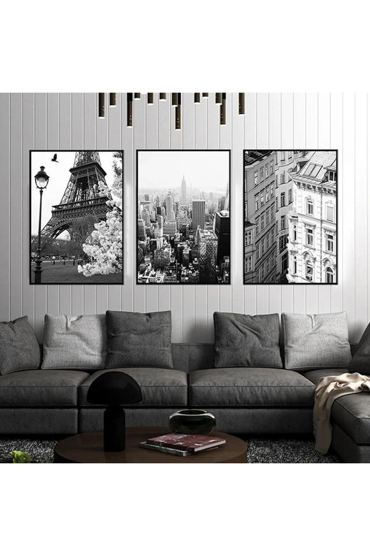 3lü Siyah Metal Çerçeve Paris Şehir Mimari Cam Tablo Seti