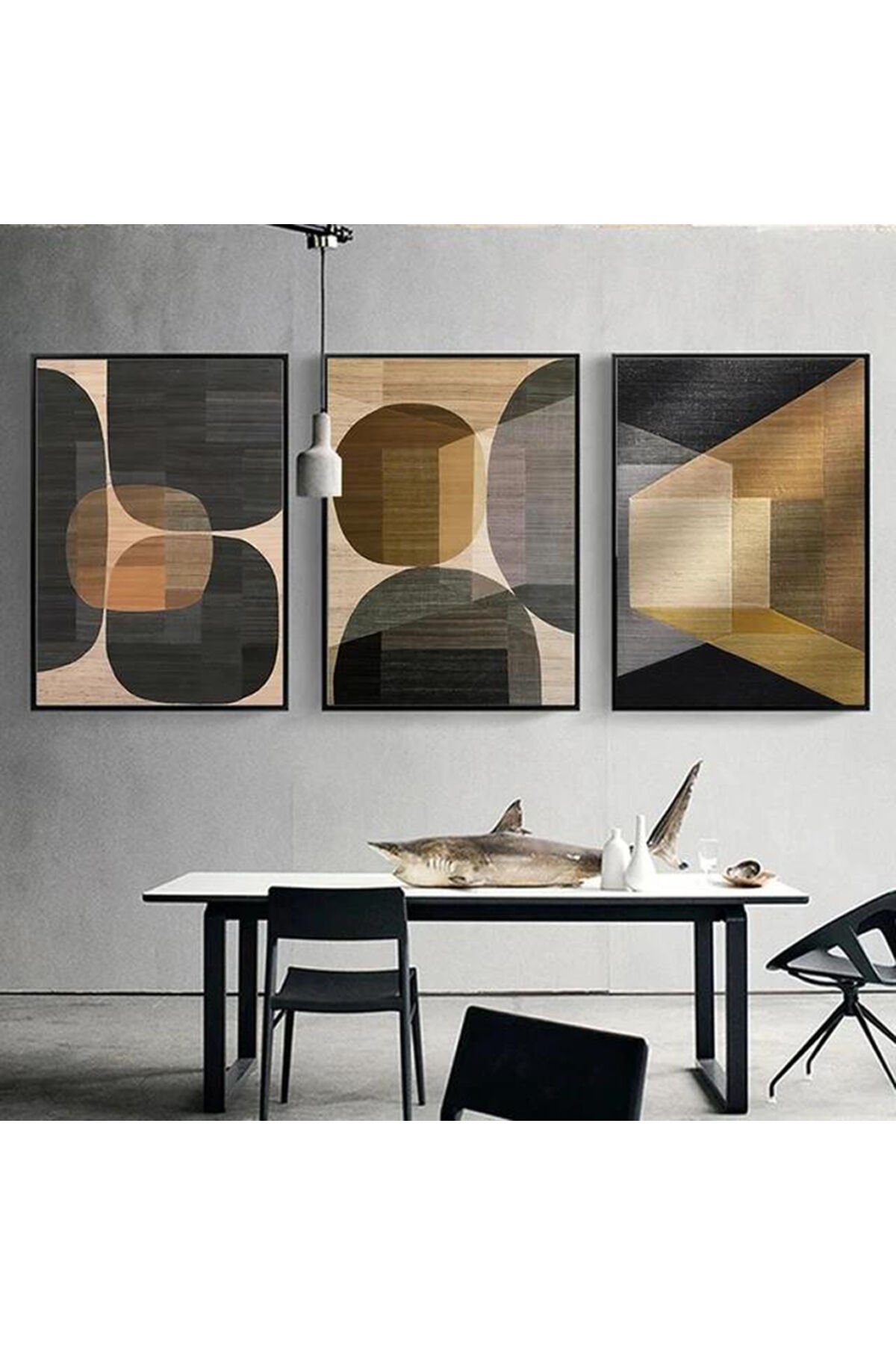 3 lü Siyah Metal Çerçeve Kahverengi Soyut Cam Tablo Seti