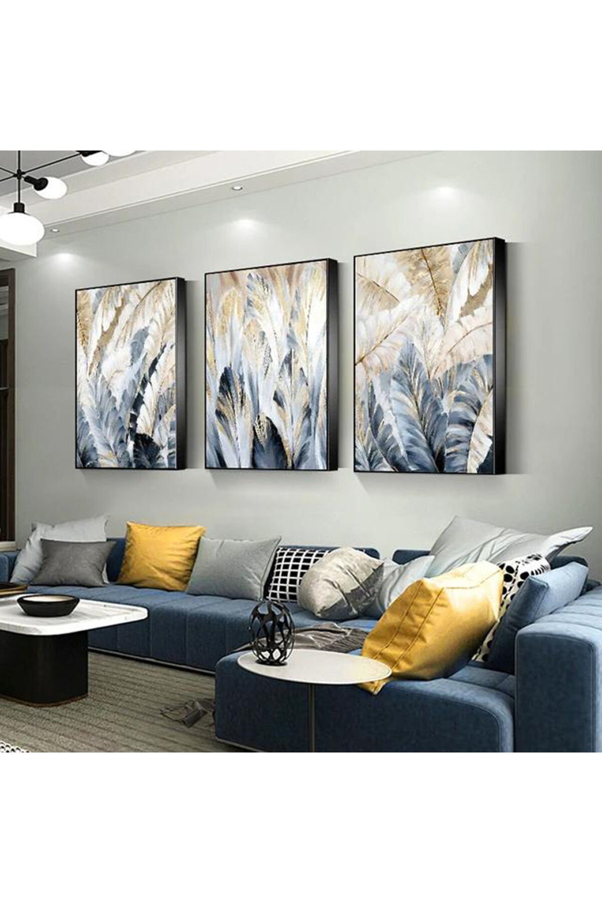 3lü Siyah Metal Çerçeve Gold Yaprak Cam Tablo Seti