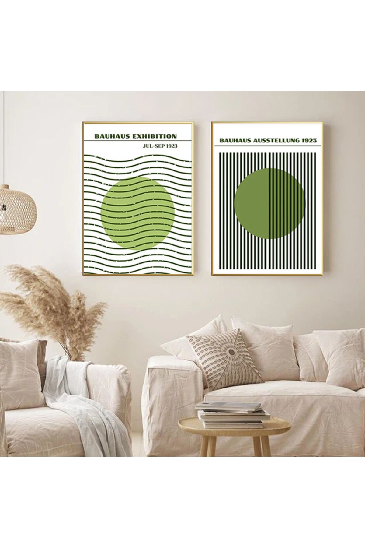 İkili Gold Metal Çerçeveli Yeşil Daire Bauhaus Camlı Tablo Seti