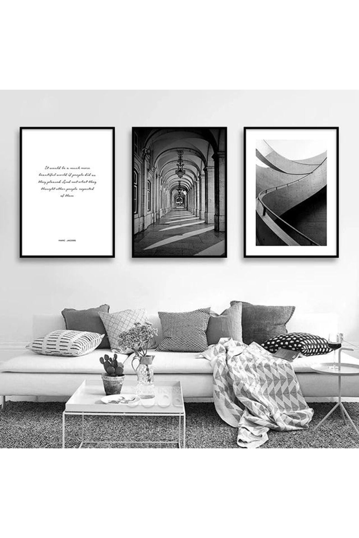 Üçlü Siyah Metal Çerçeve Mimari Merdiven Motto Cam Tablo Seti
